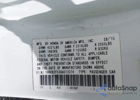 2016 Honda Accord Sport из США, поврежденный, VIN 1HGCR2F55GA013074